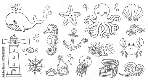 Enchanting maritime world of captivating sea creatures and nautical elements illustration