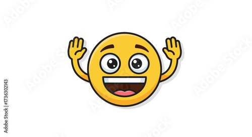 Enthusiastic animated smiley raising its arms to convey joy and excitement isolated
