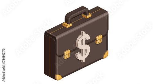 Brown briefcase with dollar sign gold accents and a handle.