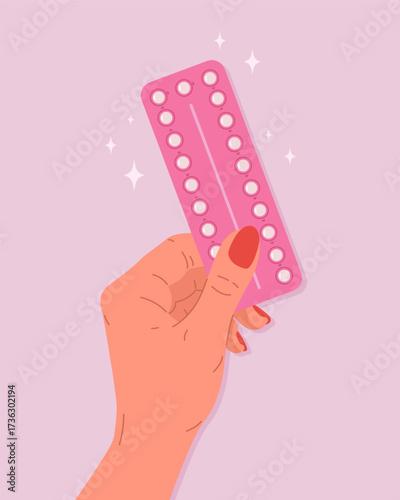 Female hand holding blister pack of hormonal contraceptive pills. Type of contraception for women, unwanted pregnancy. Birth control, safe sex concept. Hand drawn cartoon illustration