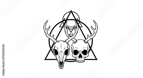 Geometric skull and deer skull illustration evokes mystery and contemplation offering symbolic