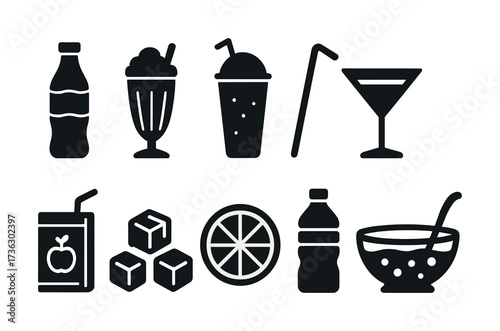 Beverage icons set featuring soda, juice, smoothie, cocktail, and ice cubes