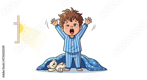 Illustrated boy stretching after waking up in the morning with a teddy bear