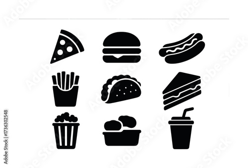 Assorted fast food icons: pizza, burger, hot dog, fries, taco, sandwich, popcorn, wings, drink