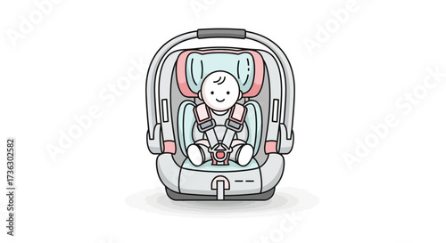 Illustration featuring safety first baby in a modern car seat for vehicle transport