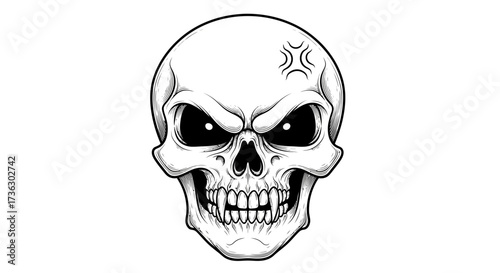 Intricate line drawing of an enraged skull with exaggerated features for edgy designs