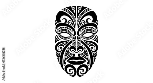Intricate tribal mask illustration with stylized facial features and black graphic pattern