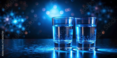 Two Glasses of Water with Blue Light Background and Bokeh Effects