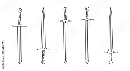 Intricate sword collection illustration depicting various medieval sword designs isolated