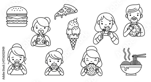 Line art illustration of people enjoying junk food selections with burger pizza ice cream