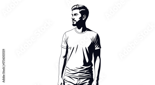 Monochrome illustration of a stylish man with well-groomed hair looking to the side in black and