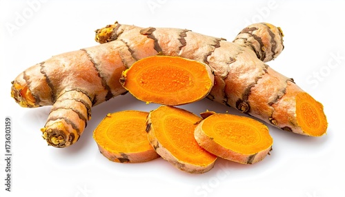 Fresh Turmeric Rhizomes and Slices with Intense Orange Color on a Clean White Background Showcasing Natural Texture and Vibrant Spices