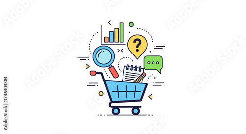 Online market analysis and shopping trends depicted in a visually engaging illustration