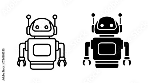 Minimalist Robot Character Icons, Outline and Filled Styles, Black and White
