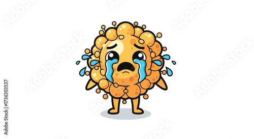 Sad cellular organism character weeping with large tears on a white background