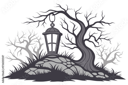 Old lantern hanging from a spooky tree on a rocky hill
