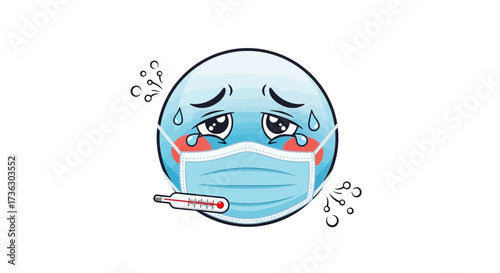 Sad emoji wearing a protective medical mask feeling sick with a high fever cartoon vector