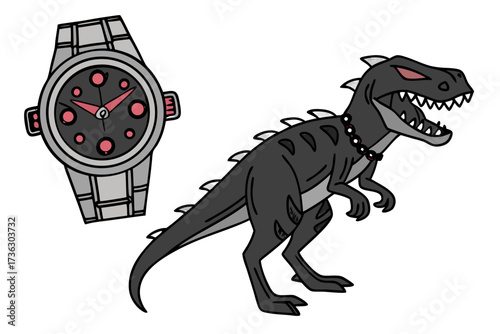 Trex dinosaur with a studded collar and a wristwatch