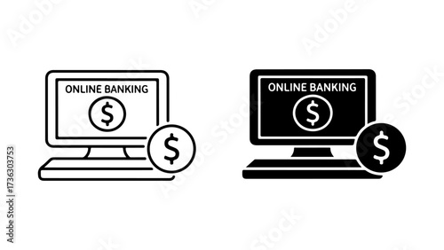 Monochrome Digital Banking Icons featuring Computer and Dollar Symbol