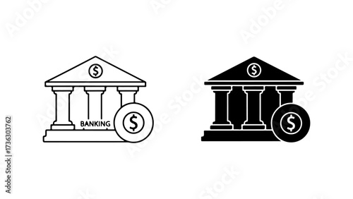 Monochrome Financial Institution Icons: Outline, Solid, Dollar Sign