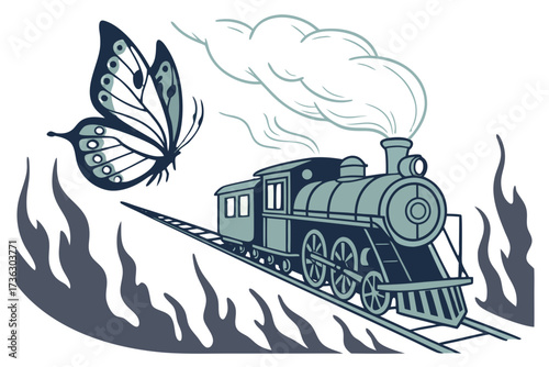 Butterfly flies near a steam train on tracks with stylized flames