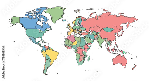 Stylized global cartography with countries demarcated in a spectrum of pastel tones on white