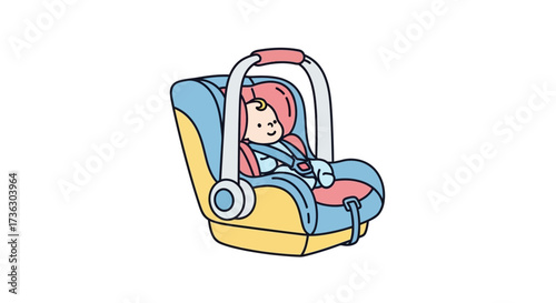 Stylized illustration of a baby securely fastened in a colorful car seat carrier