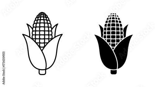 Stylized Corn Cob Vector Icons: Line Art and Solid Glyph Forms