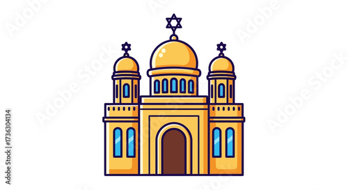 Stylized synagogue illustration with Star of David against a white backdrop for design use