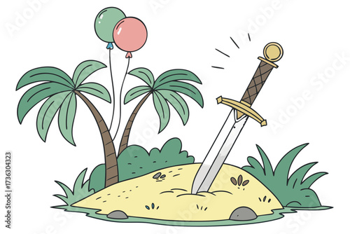 Sword stuck in sand on tropical island with balloons