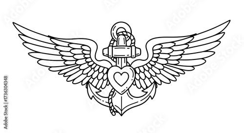 Vintage nautical love: Detailed anchor design with symbolic heart and graceful wings