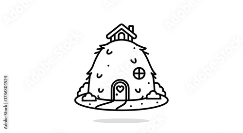 Whimsical dwelling illustration, cozy home icon with heart door and cute design elements