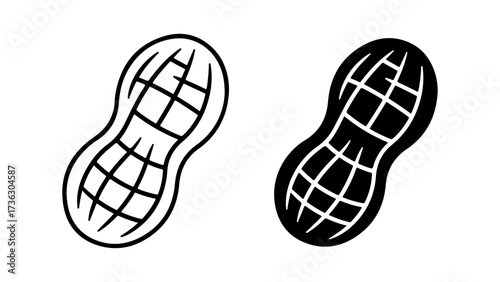 Stylized Black and White Peanut Shell Icon Set Outline and Solid