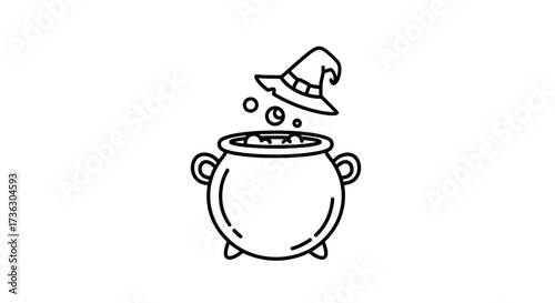 Whimsical halloween illustration of a bubbling cauldron and a witch's hat hovering above it in