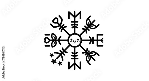 Whimsical Scandinavian Rune with Smiling Face, Cute Geometric Shapes and Floral Elements