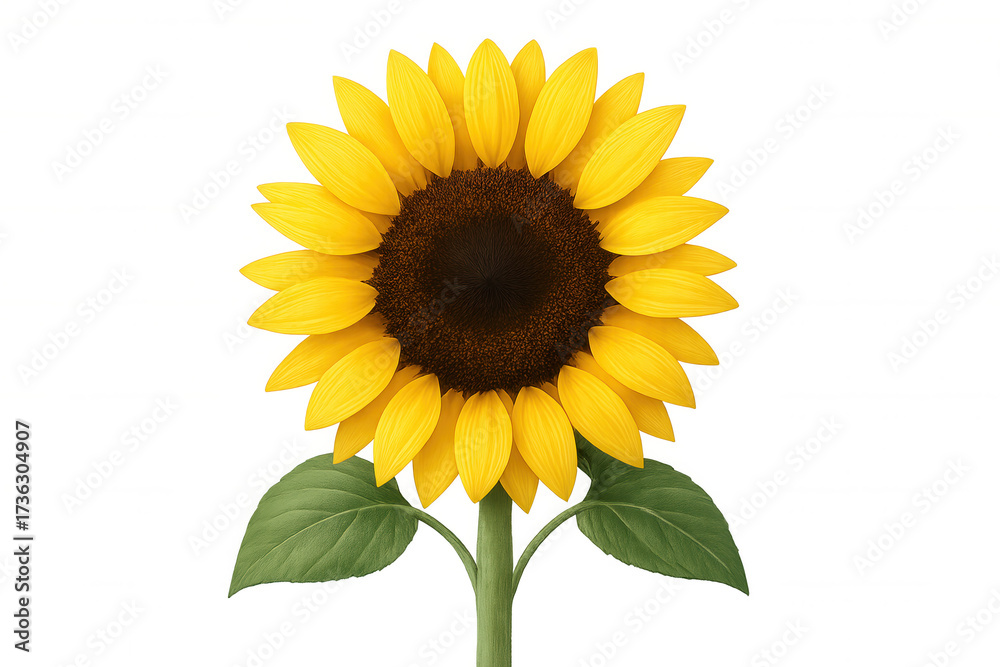 Obraz premium Sunflower showcasing vibrant yellow petals and a dark center, with green stem and leaves. Isolated on a transparent background