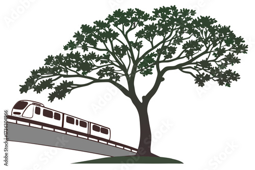 Modern train traveling on an elevated track next to a large tree