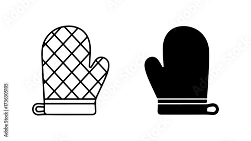 Two Minimalist Oven Mitt Icons: Quilted Outline and Solid Silhouette