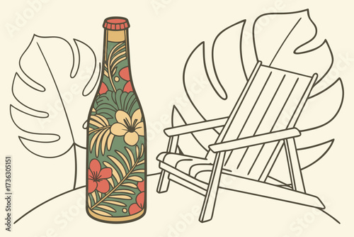 Tropical drink and beach chair with palm leaves