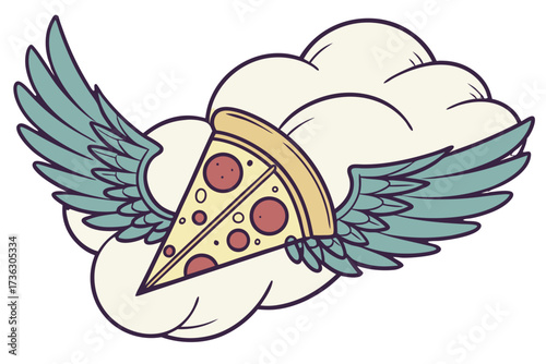 Slice of pizza with wings flying in clouds, food concept