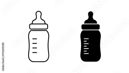 Minimalist Vector Baby Bottle Icons, Outline and Solid Black on White