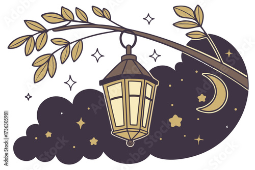 Lantern hanging from a tree branch at night with moon and stars