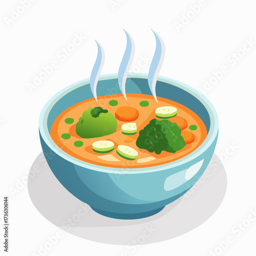 A delicious bowl of steaming hot vegetable soup with a creamy orange broth, filled with fresh broccoli, carrots, and zucchini. Healthy eating concept