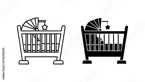 Outline and Solid Baby Crib Icons with Star Mobile