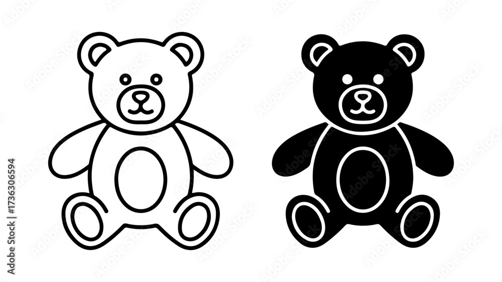Fototapeta premium Simple Teddy Bear Outline and Solid Icon Design in Black and White