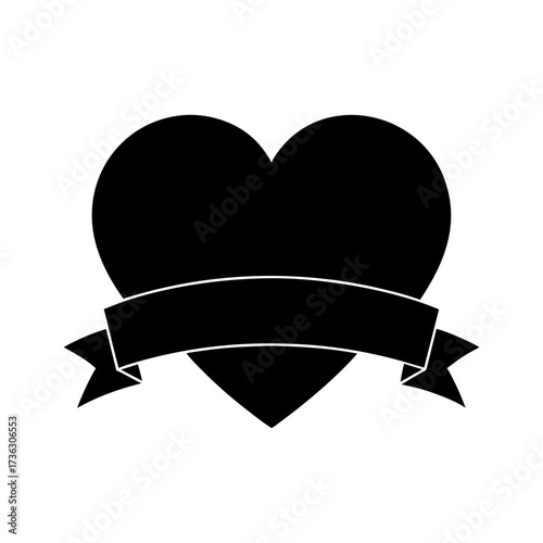 Silhouette heart with banner ribbon romantic love note symbol minimal clean vector design with white background