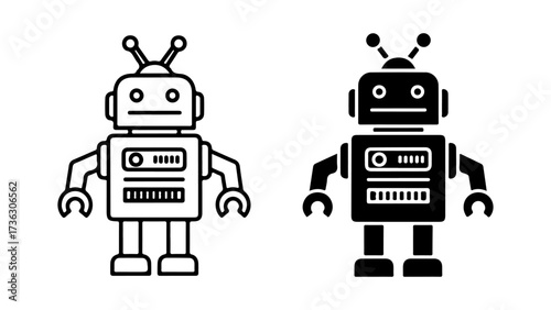 Retro Robot Vector Icons in Monochromatic Outline and Silhouette Styles