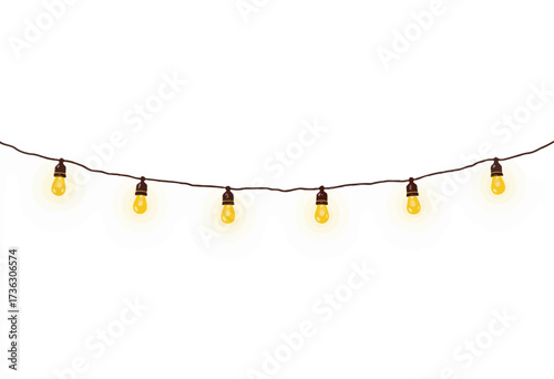 A String of Vintage-Style Yellow Bulbs Hanging Accompanied by a Black Wire Against a White Background Creating a Minimalist and Warm Illumination Setup