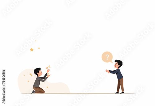 Illustration of two cartoon characters communicating, one kneeling with falling stars and the other standing with a question mark speech bubble