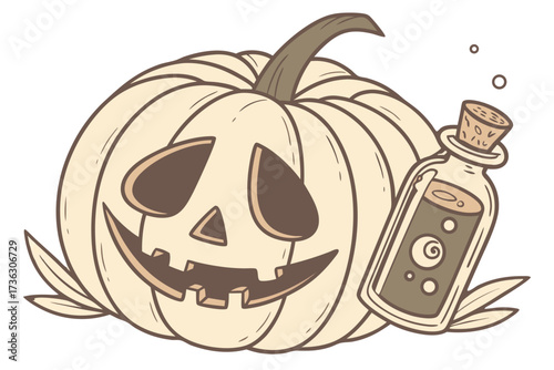 Spooky halloween pumpkin with a potion bottle